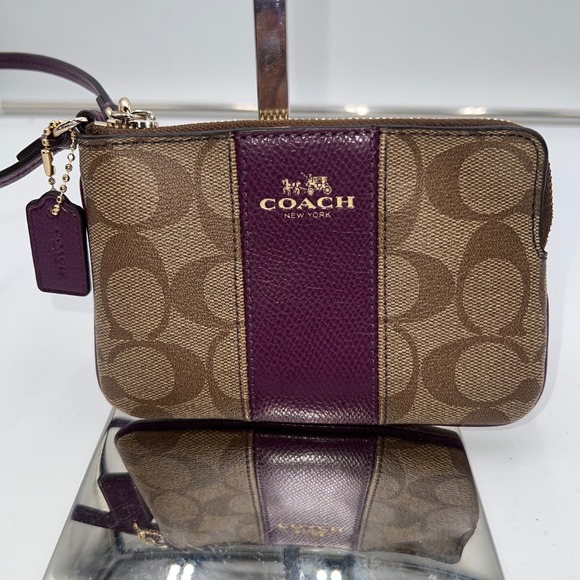 COACH Wristlet Wallet Brown Signature Jacquard Purple Stripe Accent - Picture 1 of 7